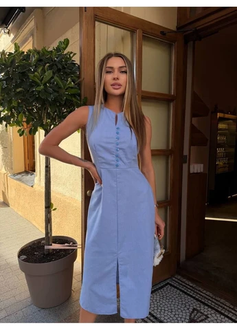 Голубое женское платье из льна No Brand
