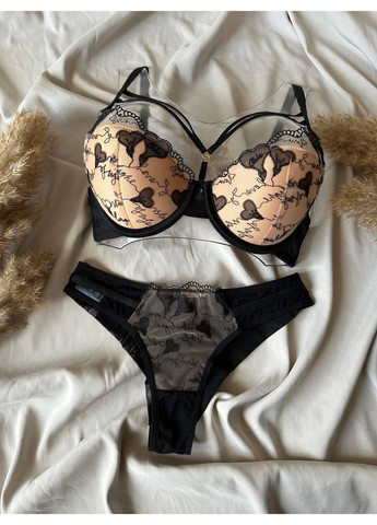 Черный комплект бюстгальтер на косточках + трусики танга черный CHLX