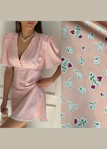 Персикова ніжна персикова сукня в квітковому принті із софту з мереживом. No Brand з квітковим принтом