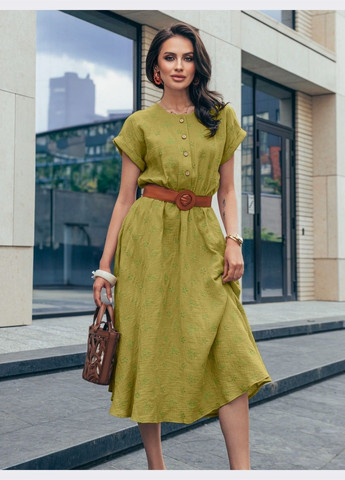 Гірчична кежуал розкльошена сукня з мусліну з вишивкою гірчичного кольору кльош Dressa однотонна