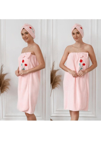 Набор женский полотенце халат для тела чалма на голову микрофибра для ванны бани сауны 140х80 см (478866-Prob) Роза розовый Unbranded (314765689)