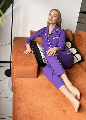 Фіолетова всесезон жіноча піжама фіолетового кольору з білим кантом кофта + брюки ORA