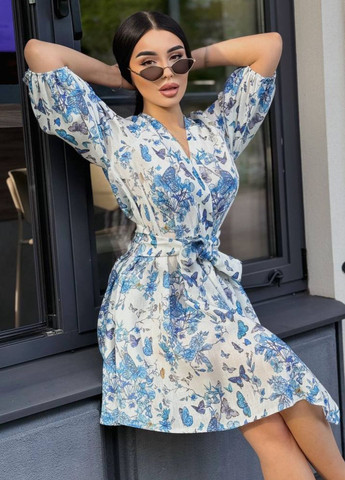 Синее повседневный изысканное легкое летнее свободное меди платье на запах с узором, поясом и рукавами фонарик три четверти на запах Tik-Tak с рисунком