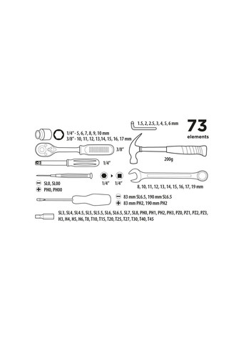 Набір інструментів, 1/4", 3/8", 73шт, універсальний (38D500) Top Tools (360419986)