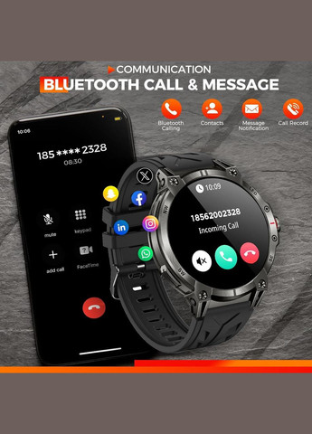 Смарт-годинник для чоловіків KC89 1.85” з LED-ліхтариком, військовий тактичний HD дисплей, дзвінки iOS Android No Brand (323147802)