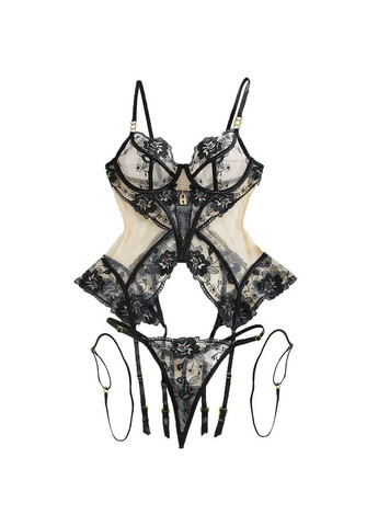 Чорний демісезонний жіночий комплект замочок для особливих моментів, комплект нижньої білизни 3в1: бюст+трусики+гартери No Brand комплект Замочок чорний