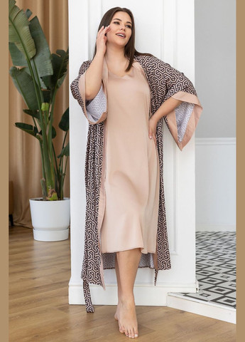 Бежевий демісезонний комплект шовковий довгий з халатом кімоно кб199н беж+принт MiaNaGreen