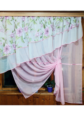 Кухонна фіранка готова коротка Алія рожева яблуневий цвіт No Brand (372133898)