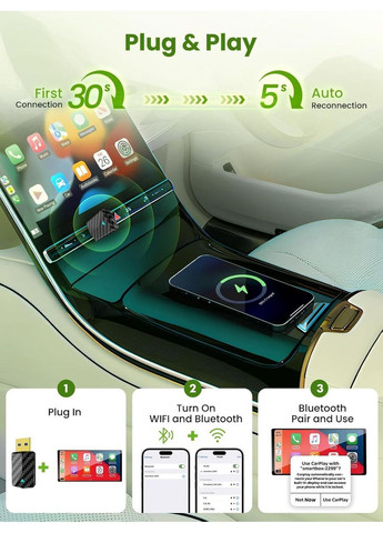 Бездротовий адаптер для CarPlay Android Auto, для авто з дротовим Карплей, WiFi Bluetooth підтримка iOS 10+/Android 11+ No Brand (353746193)