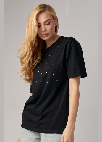 Чорна літня жіноча футболка з кольоровими термостразами Lurex
