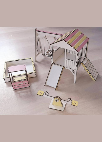 Ляльковий дерев'яний дитячий будиночок для ляльок самозбірний з меблями, дитячим майданчиком та ящиками + колиска No Brand (305076691)