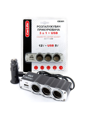 Розгалужувач прикурювача CS301 3в-1 + USB 60 W 12 В 5 A CarLife (279554382)