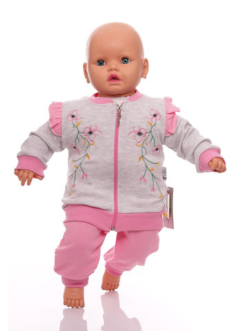 Рожевий демісезонний костюм трійка з довгим рукавом для трикотажної дівчинки квіти рожевий 74 см (33605) BABYKROHA