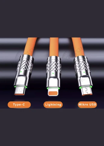 Універсальний USB-кабель 3в1 - помаранчевий. Швидка зарядка до 120W. Підтримка Type-C, Lightning та Micro USB No Brand (340689055)