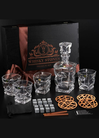 Подарочный набор для охлаждения виски с четырьмя бокалами и графином Bohemia Zig-Zag и камнями для виски 300мл Handmade WS409D (345646759)