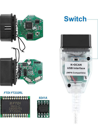 Сканер діагностичний для автомобілів K+DCAN з чіпом FTDI FT232RL та перемикачем USB OBD2 кабель BMW (347766369)