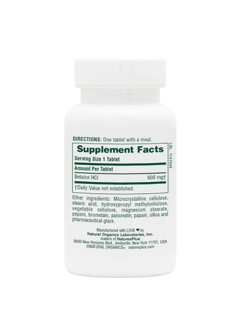 Натуральная добавка Betaine Hydrochloride 600 mg, 90 таблеток Natures Plus (294927668)