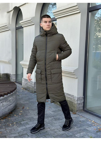 Оливкова (хакі) зимня стильная длинная куртка зимняя плащевка на пухе хакі No Brand