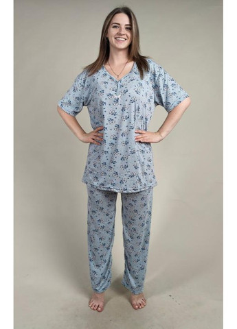 Блакитна всесезон жіноча піжама з футболкою та штанами батального розміру з квітковим принтом блакитного кольору туреччина Asma