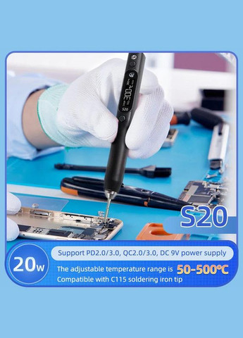 Портативний паяльник Sequre S20 жалом C115 з підтримкою PD2.0/3.0, QC2.0/3.0 PD (303699622)