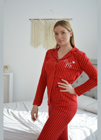Красная всесезон пижама женская на пуговицах свободного кроя штаны + рубашка на длинный рукав family look красная полоска кофта + брюки Sexen