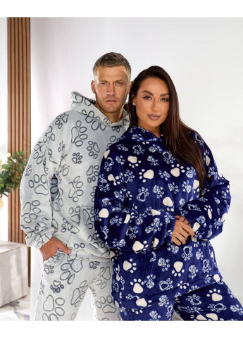 Синяя пижама унисекс лапки,теплая из кенгуру,двусторонний плюш брюки и кофта с капюшоном Україна