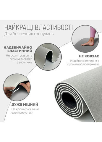Килимок для йоги та фітнеса TPE+TC 6мм двошаровий + Чохол сірий з чорним EasyFit (362497839)