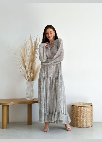 Сіра шикарне літнє плаття-максі з турецького шифону ідеального крою, легке плаття з довгим рукавом, гарний сірий принт No Brand