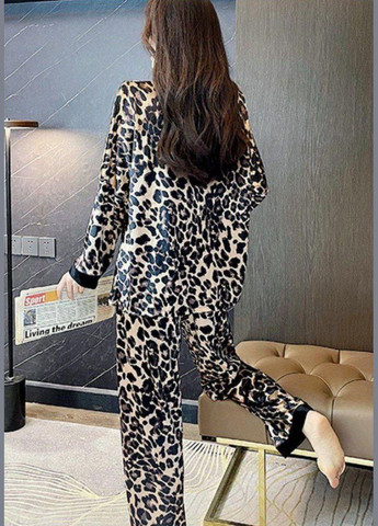 Черная всесезон комплект пижамный домашний женский атласный leopard леопардовый рубашка + брюки No Brand Леопард