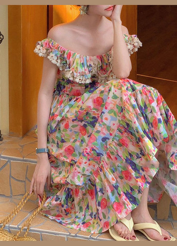 Комбинированное кэжуал летнее французкое платье в цветочный принт zk-104 комбинированный с юбкой-солнце Number Nine с цветочным принтом