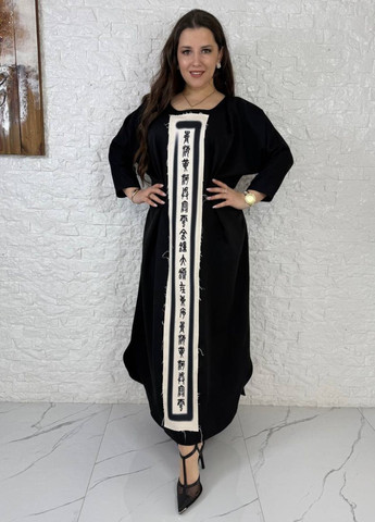 Чорна повсякденний вишукана вільна повсякденна максі сукня з орнаментом спереду та рукавами 3/4 Україна з орнаментом