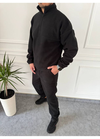 Черный зимний костюм 138 качественный турецкий полар флис брюки и кофта с воротником на молнии Україна