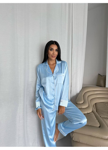 Блакитна всесезон жіноча піжама блакитна з окантовкою сорочка + брюки Vital-Textile 1291