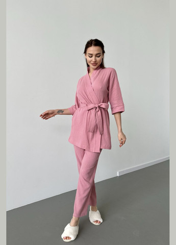 Рожева всесезон костюм домашній жіночий халат короткий та штани рубашка + брюки German Volf