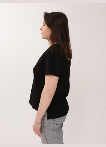 Черная летняя женская футболка черная прямая с разрезами и принтом с коротким рукавом MDG Пряма