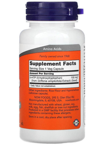 Аминокислота 5-гидрокситриптофан (5-HTP), 100 мг, 60 вегетарианских капсул, стимулирует синтез эндорфинов,. Now Foods (366089738)