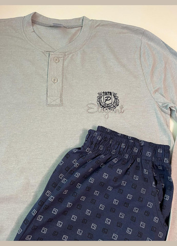 Чоловіча бавовняна піжама з вишивкою лонгслів та штани сіро-синя Pijamood (352769854)