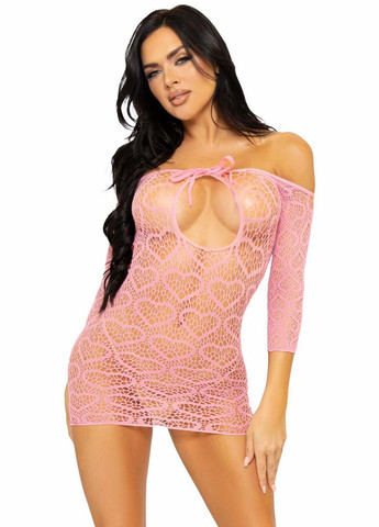 Розовое платье-сетка с сердечками heart net mini dress pink, завязки, открытые плечи, one size Leg Avenue