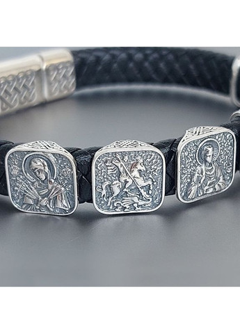 Браслет православный с ликами святых из серебра и кожи No Brand (365280587)