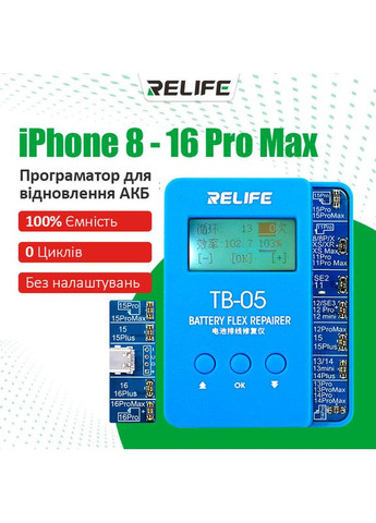 Программатор TB-05 V10.0 для сброса циклов и процента износа аккумулятора iPhone 8-16 Pro Max Relife (349824691)