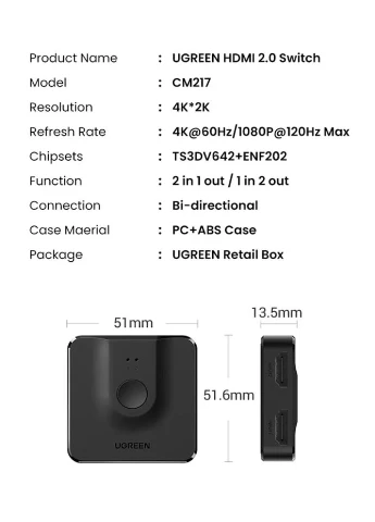 HDMI сплиттер двунаправленный CM217 2 In 1 Out HDMI Switcher Black 4K@60Hz (50966) Ugreen (314693771)