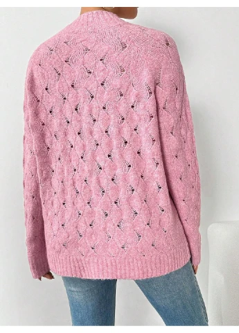 Розовый демисезонный вязанный свитер SHEIN