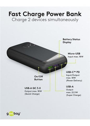 Повербанк 20000mAh (74Wh) с 3 мя выходами: USB C PD, USB A QC 3.0 и micro USB Goobay (372163192)