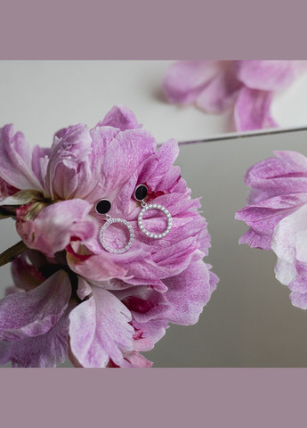 Срібні сережки пусети День-Ніч з чорною емаллю та білими фіанітами Каштан (342335249)