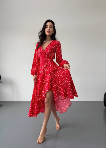 Красное легкое платье меди на запах в горох красного цвета 32584 на запах No Brand в горошек