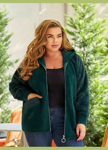 Темно-зеленое демисезонное Кофта из альпаки с капюшоном 48-56 размера. оверсайз KVAN