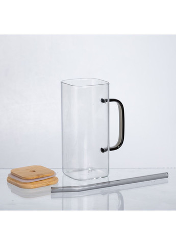 Чашка скляна 400 мл з бамбуковою кришкою та скляною трубочкою HP-19-146 Yiwu (370973881)