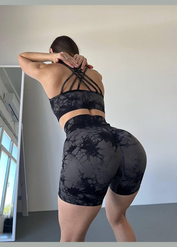 Спортивний костюм з мармуровим принтом (топ та шорти) чорного кольору, розмір S Trends (330756935)