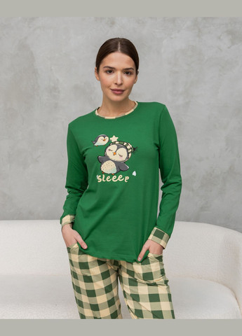 Зеленая всесезон пижама женская кофта со штанами трикотажная пингвин размер s, m, l, xl кофта + брюки Nicoletta Піжама
