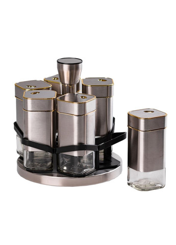 Набір ємностей для спецій на підставці 6 баночок по 120 мл, хром із золотом TS Kitchen (323652639)